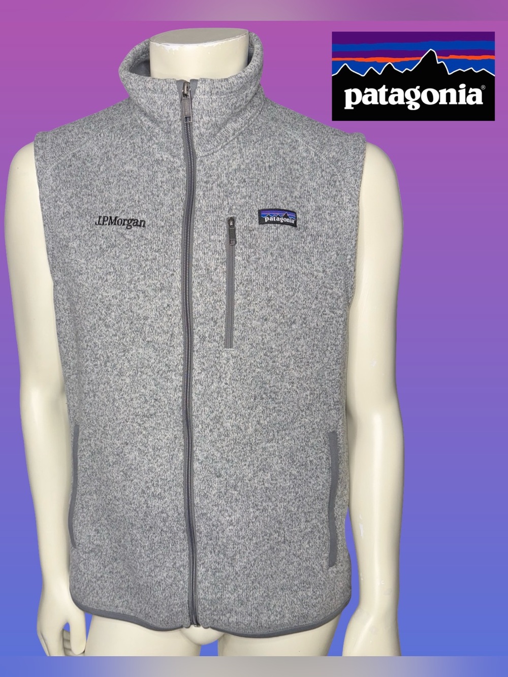 Patagonia Men's Gray Zip-Up Fleece Better Sweater Vest J.P. Morgan Embroidered